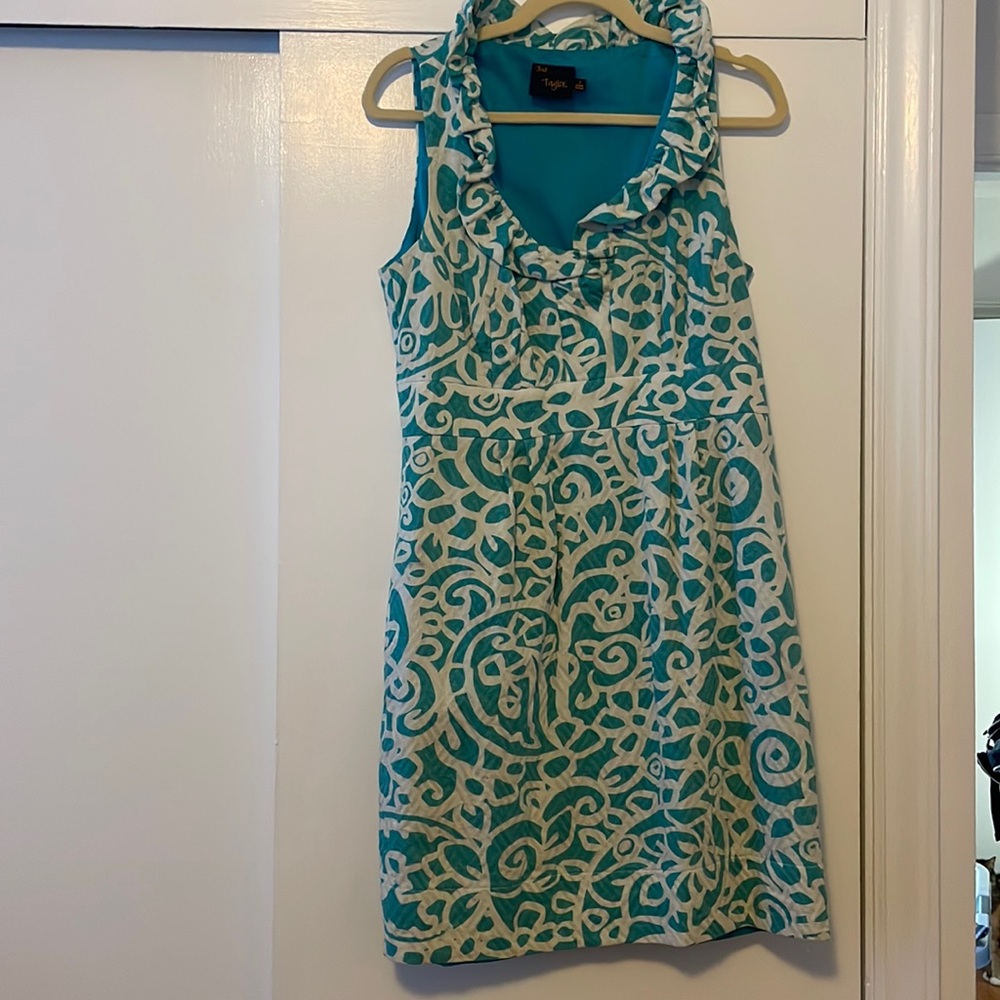 Turquoise & White Ruffled Collar V-Neck Dress 12